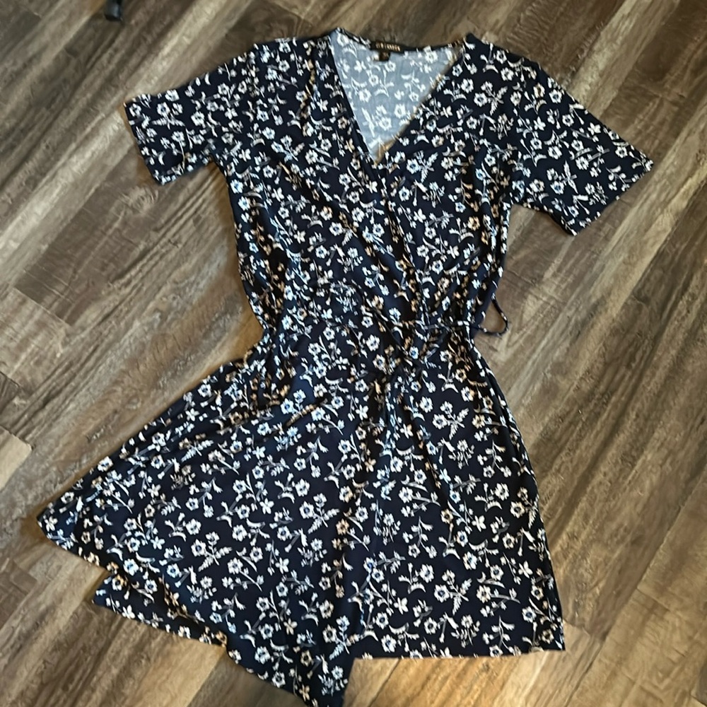 Navy Blue Floral Wrap Dress - Picture 1 of 4